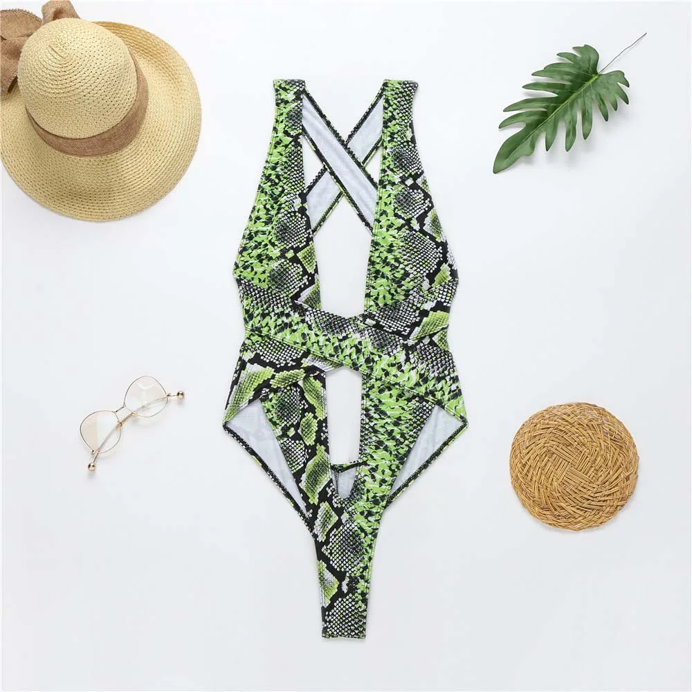 

Paotang Snake Pattern Bikini Woman Swimsuit 2021 Sexy High Waist Triangle Hollow Deep V Design Fashion Trend Beachwear Body Suit