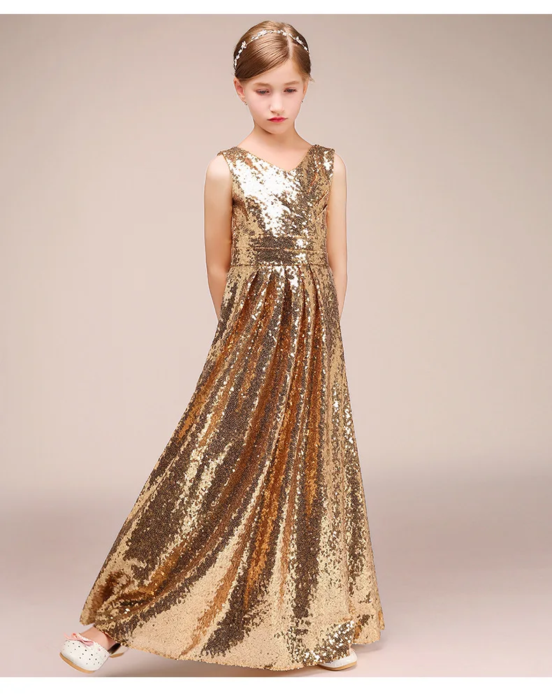 Золотые блестки v образный вырез на шее платье для девочек вечерние платья 2021