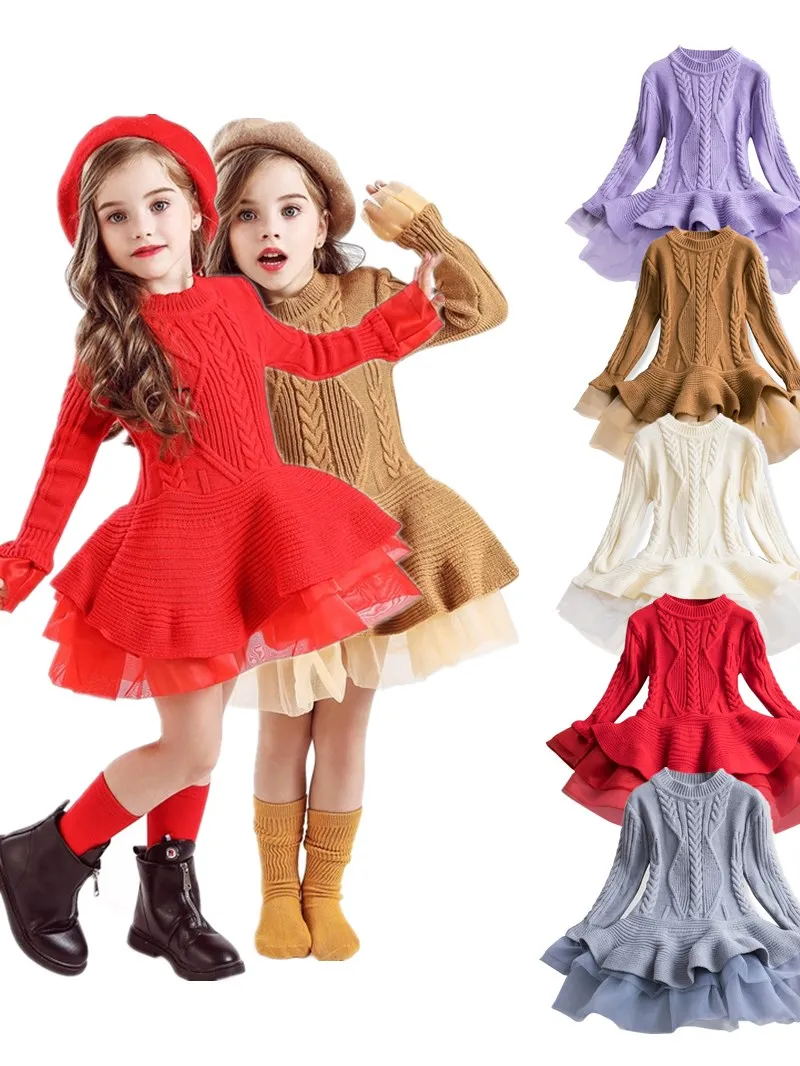 Осенне-зимние теплые детские платья для девочек рождественское платье вязаное