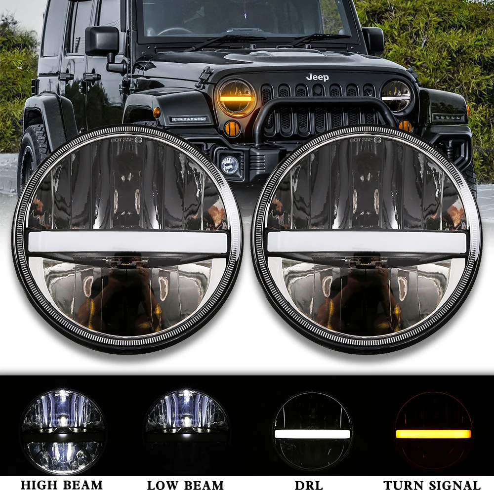 

2pcs 7" LED Headlight with Halo Daytime Running Light For Jeep JK VAZ 2121 Lada Niva 4x4 7" LED Headlamps with Amber Turn Signal