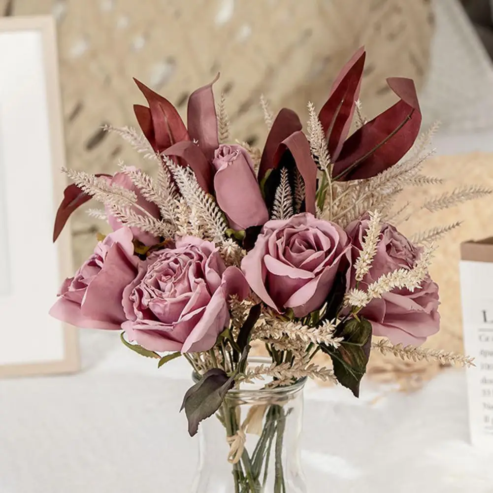 

1 Bundle Artificial Rose Beautifying Romantic Gifts Faux Silk Flower Anniversary Wedding Artificial Bouquet for Garden