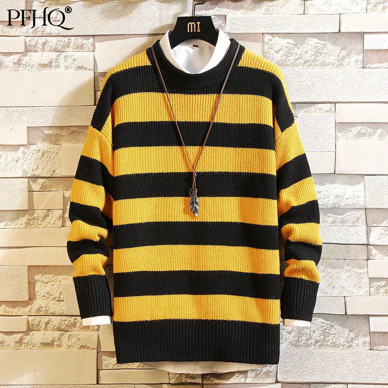 

Мужские повседневные пуловеры PFHQ, новинка зимы 2021, теплый шикарный свитер в полоску с круглым вырезом и длинным рукавом в Корейском стиле, р...
