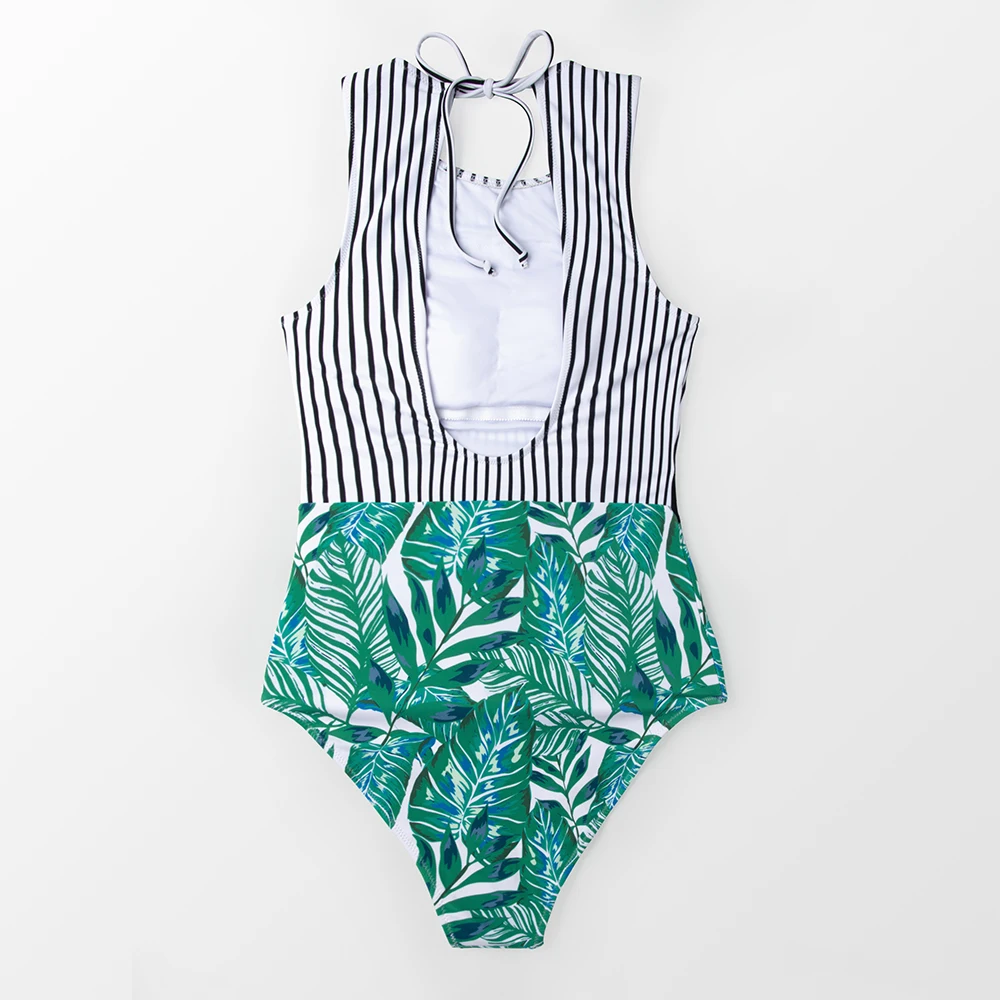 

Black Striped And Green Leaf One-piece Swimsuit Women Sexy Cutout Monokini Bathing Suits 2021 New Girl Beach Swimwear