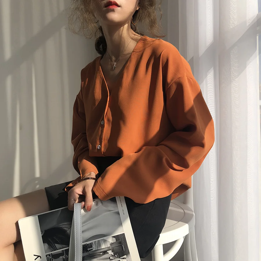 Однотонная женская однобортная шифоновая блузка DISWEET рубашка с V-образным