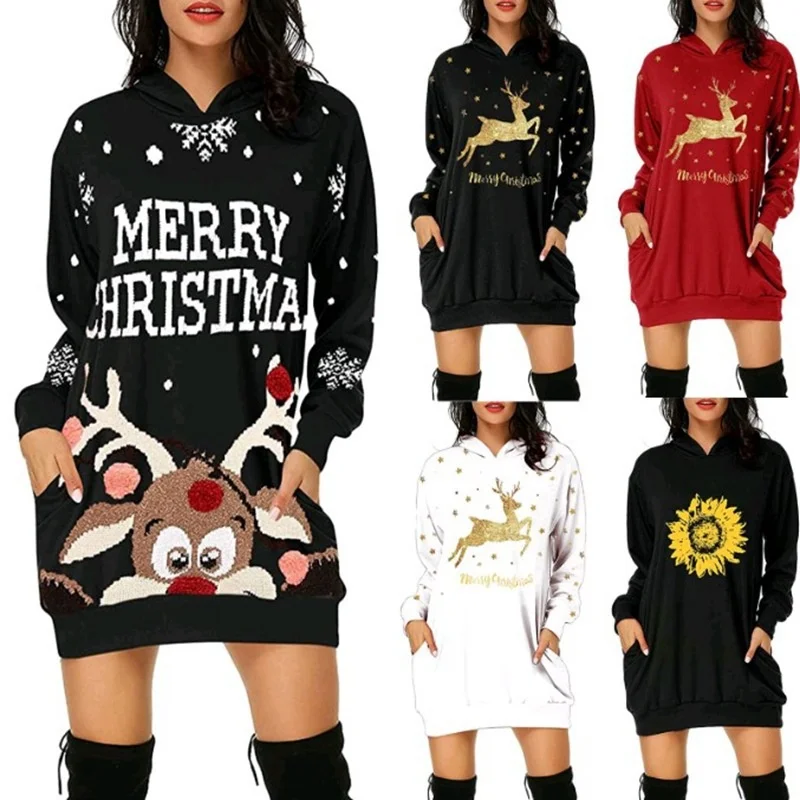 

Christmas Print Medium Length Pocket Hoodie Long Sleeve Hoodie for Women