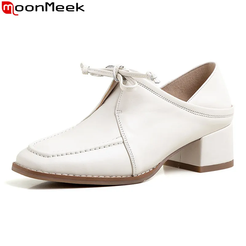 

MoonMeek 2020 New arrival fashion causal shoes genuine leather simple ladies shoes spring solid color women pumps black