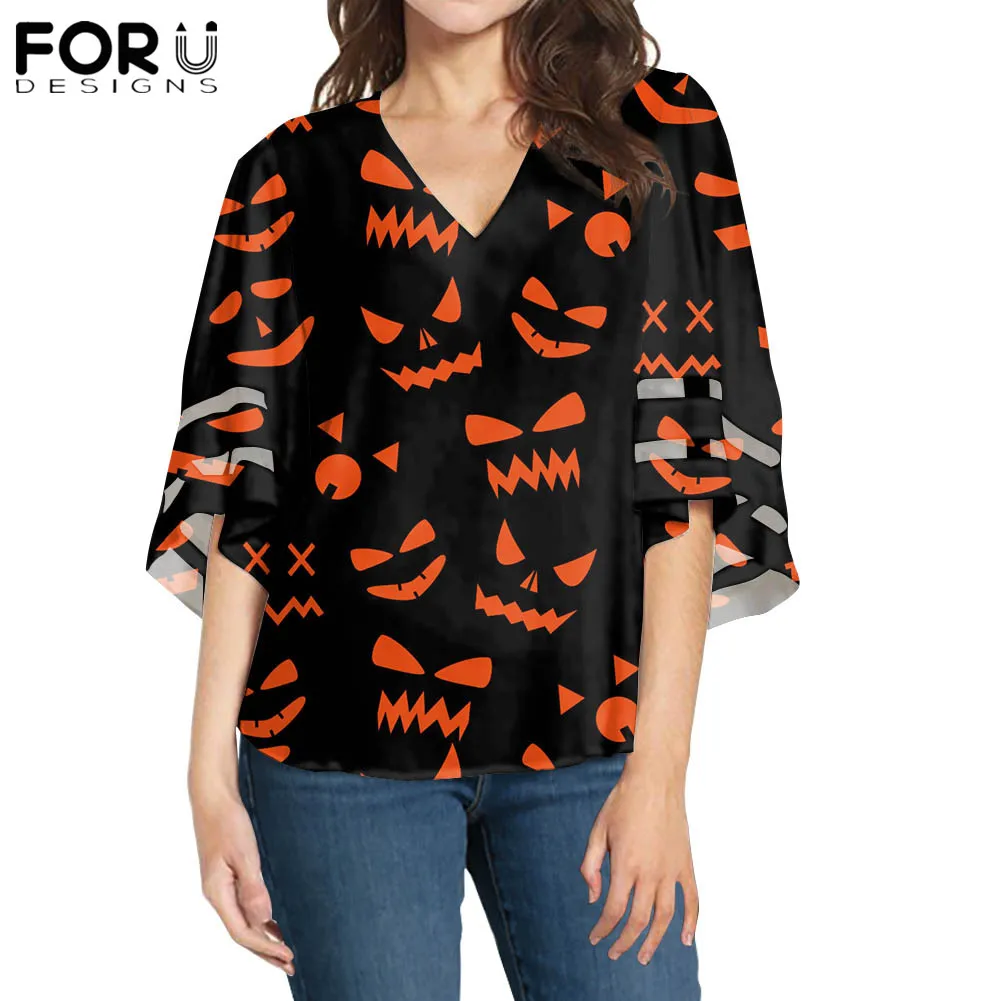 

FORUDESIGNS Halloween Gift for Ladies Chiffon Shirts Top with Special Bat Sleeves Clothing Ladies Casual Tops Five-point Sleeves