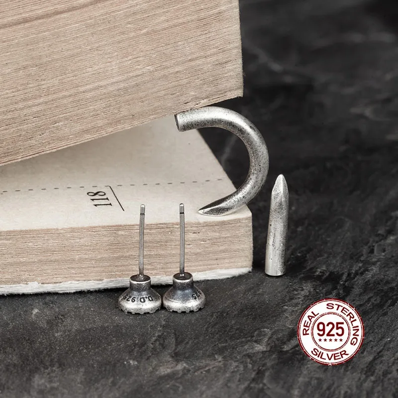 HelloLook Bent and Straight Nails Design Earring 925 Sterling Silver Stud Earrings Punk Unisex Ear Piercing Jewelry | Украшения и