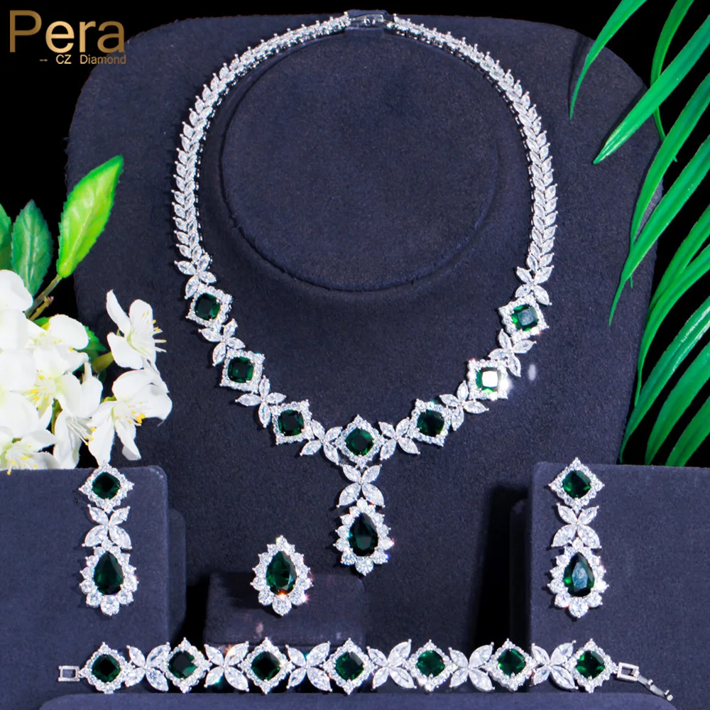 Pera-lujosa pulsera de eslabones con forma cuadrada para mujer, Color plateado, verde, CZ, hoja de cristal, anillo, collar, pendientes, conjuntos de joyería para novias J494