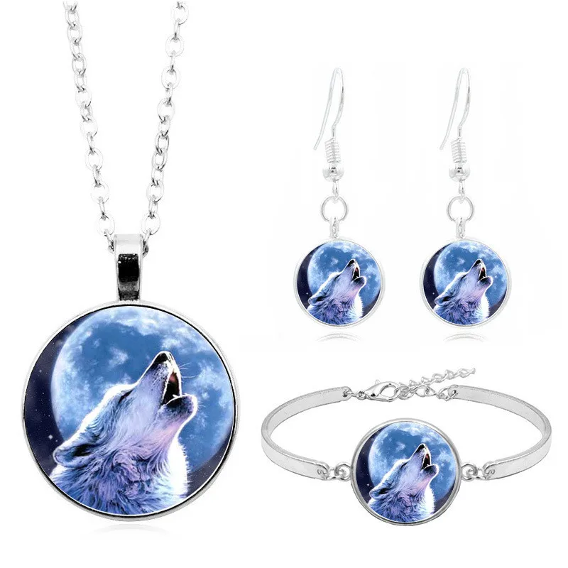 

Moon Wolf Howl Cabochon Glass Pendant Necklace Bracelet Bangle Earrings Jewelry Set Totally 4Pcs for Women Fashion Sweater Chain