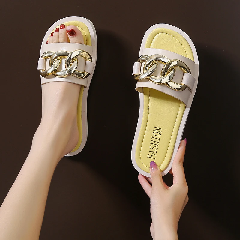 

Slippers Casual Beach Shoes Slipers Women Slides Low Luxury Sabot Summer 2021 Flat PU Rome Round Toe Fabric Rubber Low Slippers