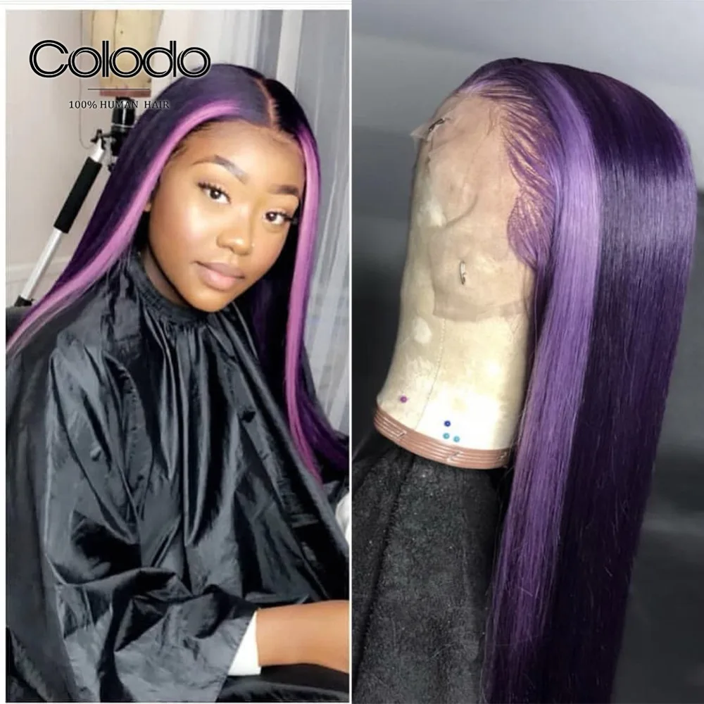 

Purple Pink Highlight Wig Pre Plucked Straight Lace Front Wig Remy Brazilian Lace Front Human Hair Wigs for Women COLODO