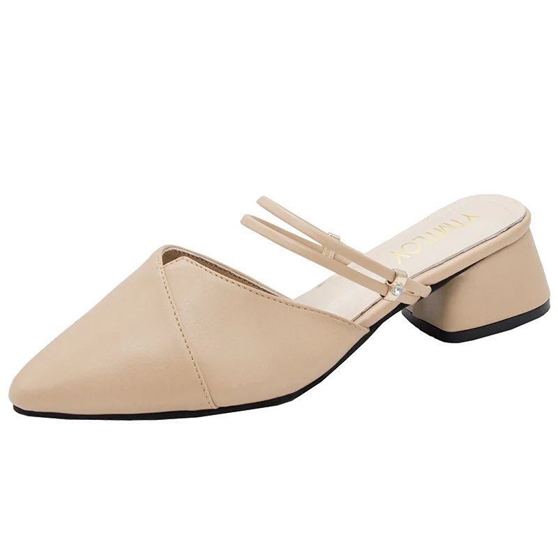 Party Women Mules Slipper Pointed Toe Block Strap Closed Shallow High Heels Shoes Sandals Black Beige Square heel Pumps - Цвет: apricot
