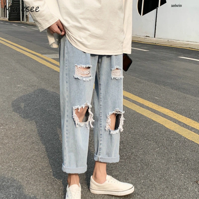 

Men Jeans Ankle-length Fur-lined Casual Holes Big Size 3XL Summer Harajuku Mens Denim Wide Leg Trousers Streetwear ChicUlzzang