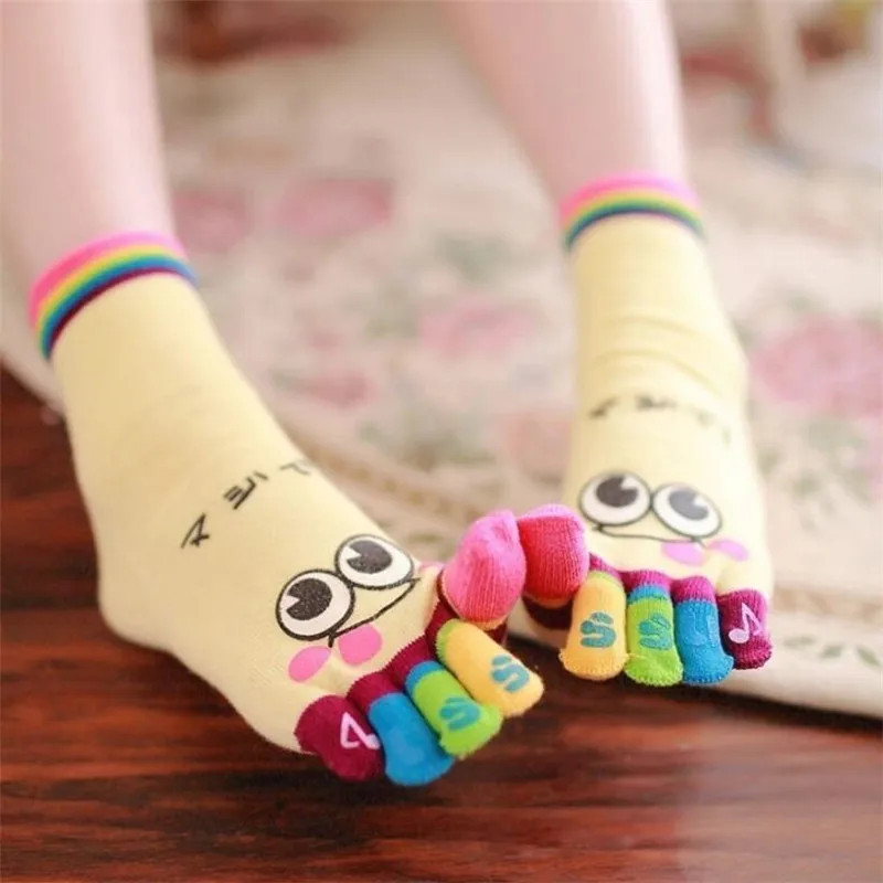 Kawaii Women's 5 Toe Cotton Socks 5 Pairs/Lot Colorful Cartoon Pilates Massage Female Ladies Smiley Face Five Fingers Socks