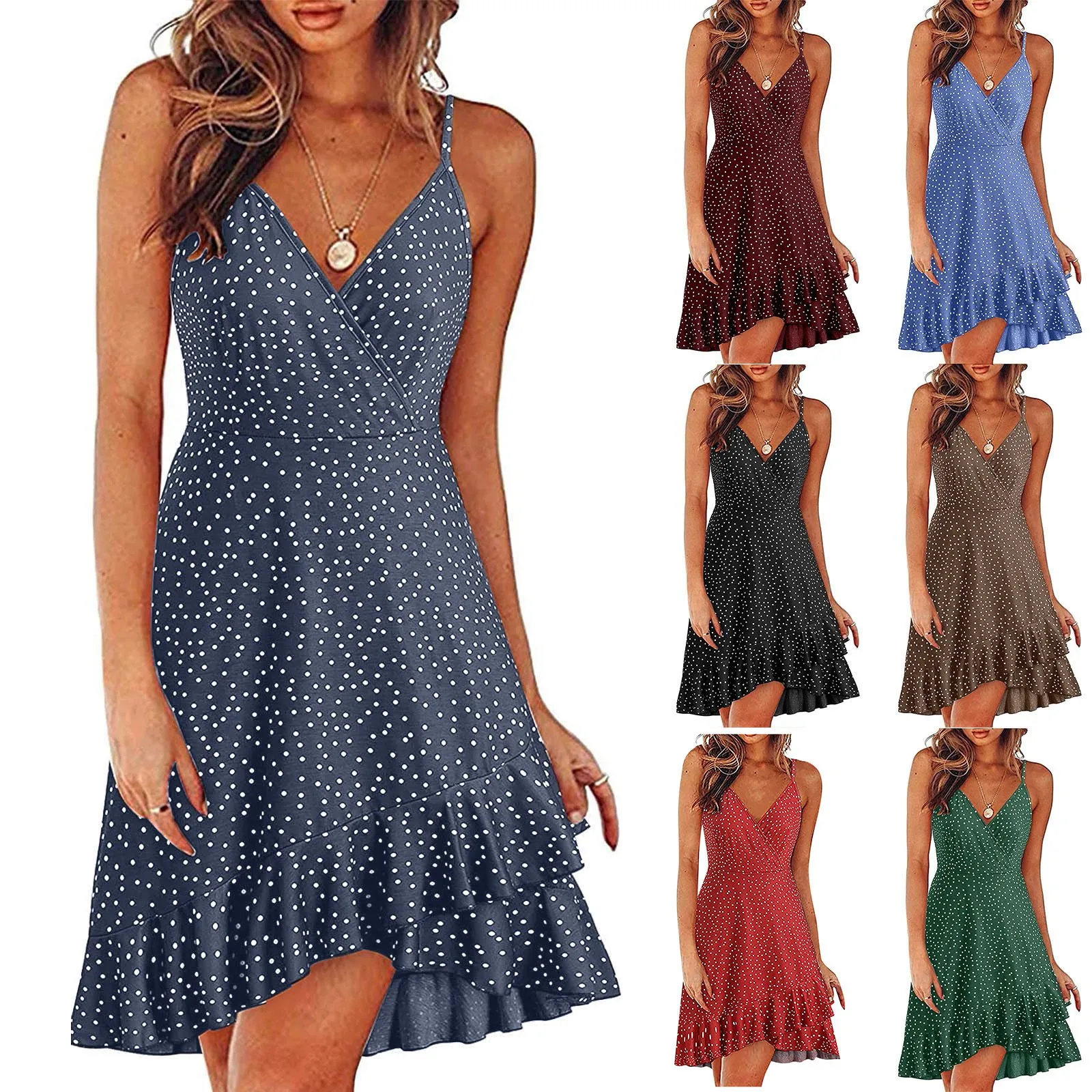 

polka dot print sexy womens fashion a-line dresses for 2021 summer sleeveless v-neck beach sundress spaghetti strap mini dresses