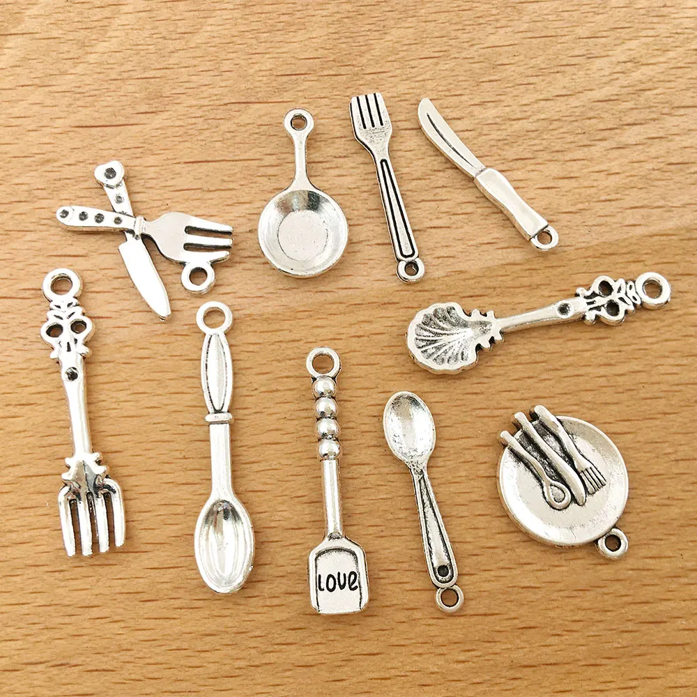 

30pcs/lot Zinc Alloy Antique Silver 10 Styles Cutlery Shape Charms Pendant for DIY Necklace Bracelet Jewelry Making Findings