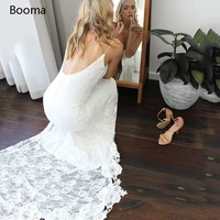 sexy lace mermaid wedding dresses ivory v neck high slit trumpet bridal gowns backless spaghetti straps long wedding gowns
