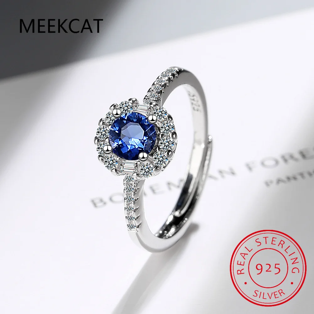 

925 Sterling Silver New Woman Fine Jewelry High Quality Crystal Zircon Blue Sapphire Open Adjustable Ring anillos mujer