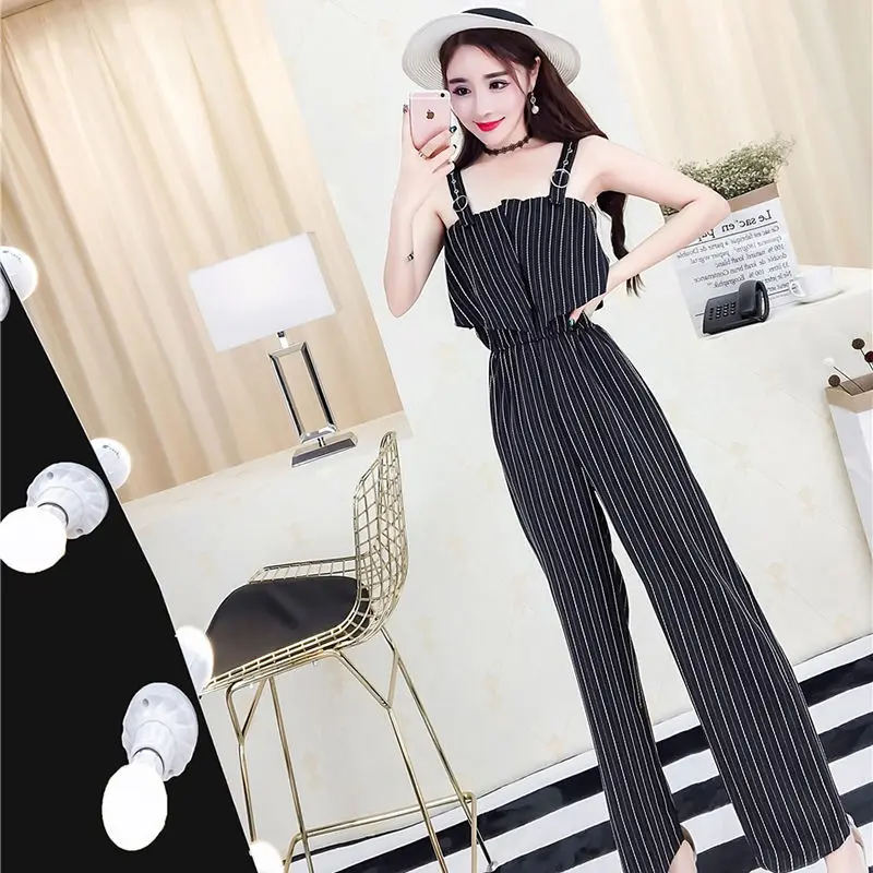 

Women New 2021 Summer Vintage Striped Jumpsuit Female Sleeveless Strap Overalls Romper Office Lady Casual Jumpsuit Bodysuit U86