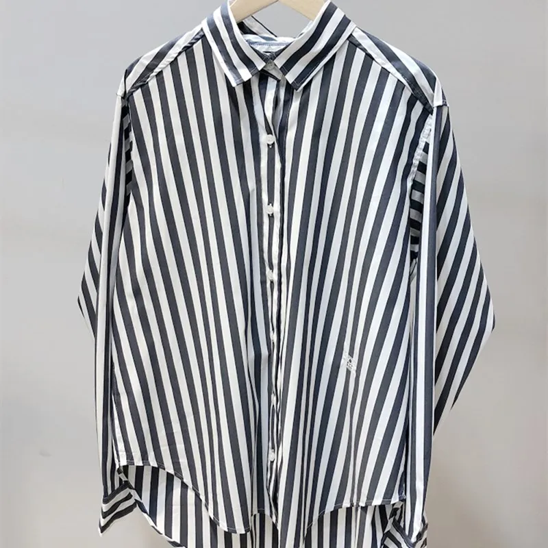 

Women Spring New Casual Letter Embroidery Cotton Blouse Black White Striped Shirt Ladies Fashion Loose Turn-Down Collar Top ML63