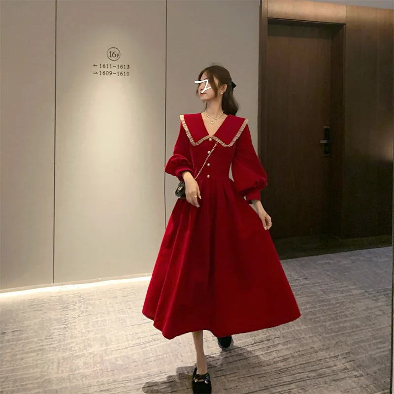 

spring French slim waist Doll Collar red dress fashion Hepburn hubble-bubble sleeve elegant dress