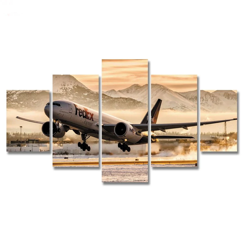 

HD Printed Pictures Framed Canvas Living Room Wall Art 5 Pieces Airplane Takes Off Paintings Aircraft Airport Poster Home Decor