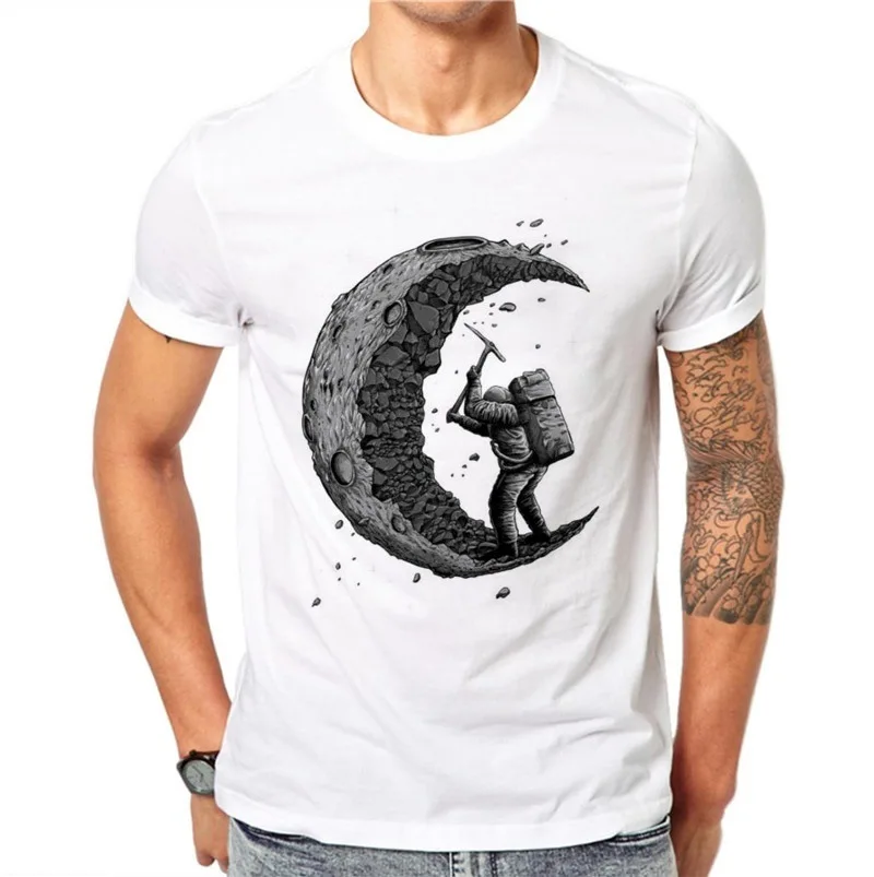 Повседневные мужские футболки из 100% хлопка с принтом копающая Луна модные топы