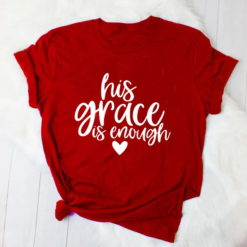 red tee white text Футболка с надписью «his grace is enough» серая футболка с надписью «His Grace is enough» хлопковая футболка с надписью «his grace is enough» S-3XL - Цвет: red tee white text