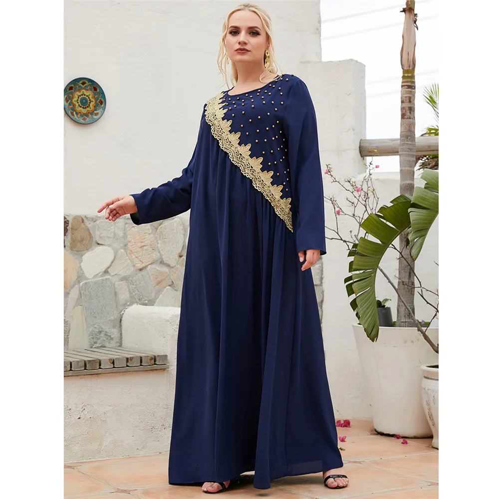 

Arabic Abaya Bead Muslim Women Long Dress Embroidery Islamic Ramadan Eid Maxi Robe Gown Middle East Dubai Turkish Ethnic O-neck