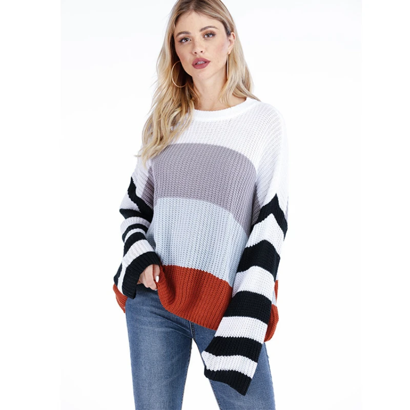 

2021 Autumn and Winter New Women's Color Stitching Knit Sweater Pullover Temperament Commuter Loose Sweater Women