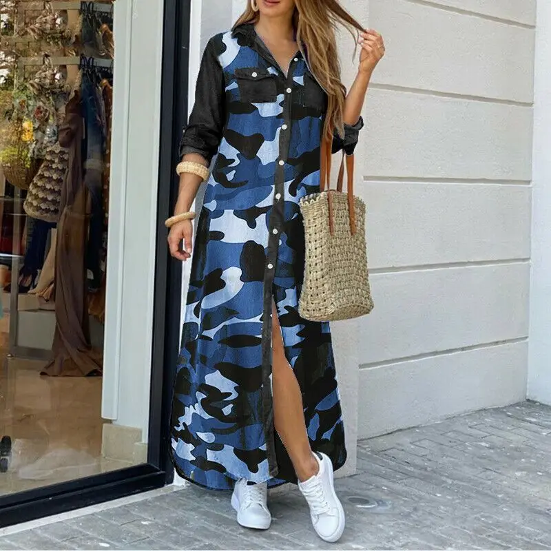 

Ladies Fashion Print Party Wear Temperament Long Dress New Spring And Summer Sexy Button Shirt Long Skirt Lapel Retro Dress 2020