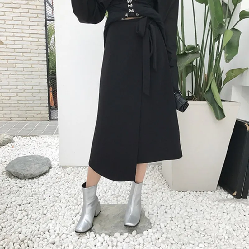 

Long Black Skirt for Women Autumn 2021 Japanese Harajuku Streetwear Lace Up High Waist Slit A Line Asymmetrical Wrap Skirt