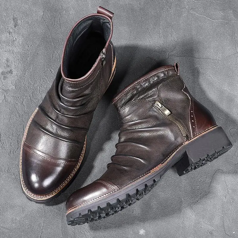 Men Ankle Boots Flods Platform Zipper Outdoor Autumn Male Fashion PU Leather Round Toe Vintage Big Size Comfy Mens | Обувь