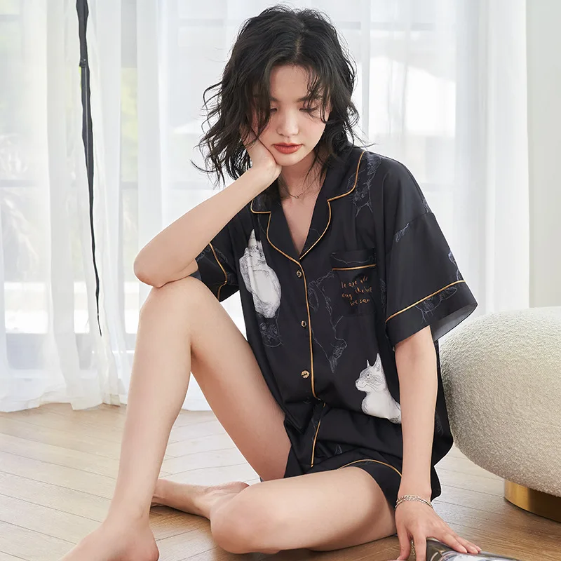 Roseheart New Black Women's Sleep Nightwear Suits Pajama Sets Sleepwear Printed Suits Faux Silk Plus Size Nightgown 2 Pieces