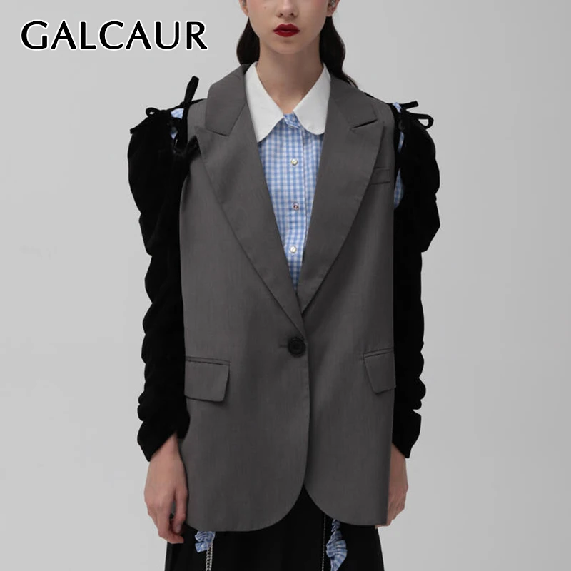 

GALCAUR Hit Color Blazers For Women Notched Collar Puff Long Sleeve Bowknot Patchwork Ruched Lace Up Coats Female 2021 Clothing