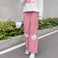 japanese preppy style high waist women pants kawaii animal patchwork wide leg capris soft sisters cute pink corduroy trousers