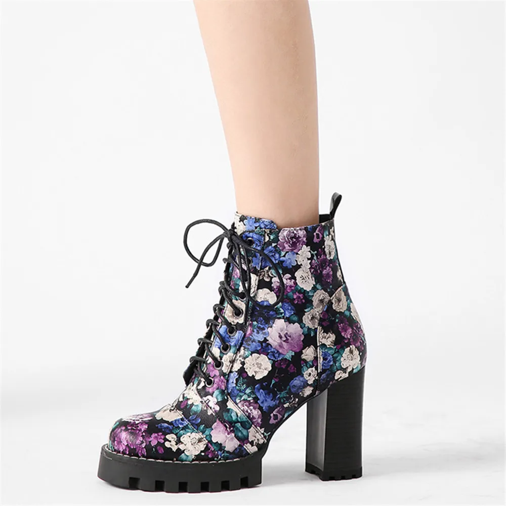 

Drestrive Women Ankle Boots High Heels 9 cm Platform Lace Up Print Female Winter Shoes Patent Leather Spring Round Toe