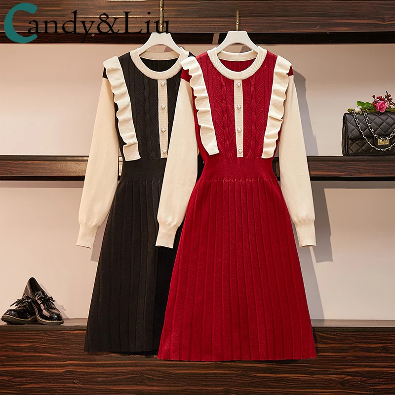 

Large women's wear fall winter 2020 new fat sister mm medium length bottom fake two piece slim knitted dress