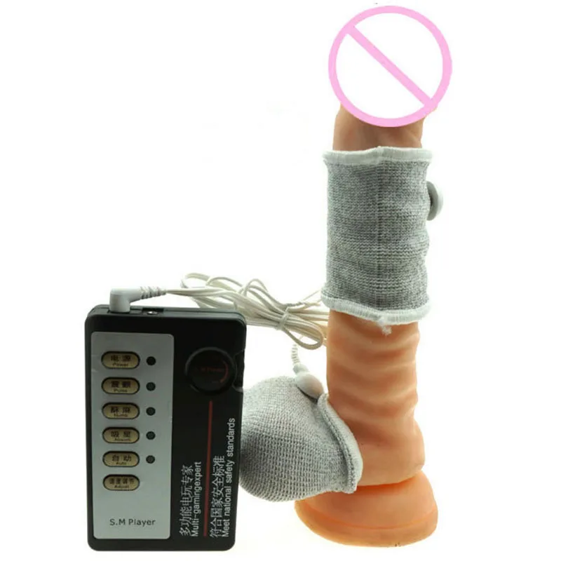 

Electro Shock Erotic Scrotum Bondage Penis Ring Sleeve Pulse Therapy Electric Stimulator Cock Ring Kit BDSM Sex Toys For Men