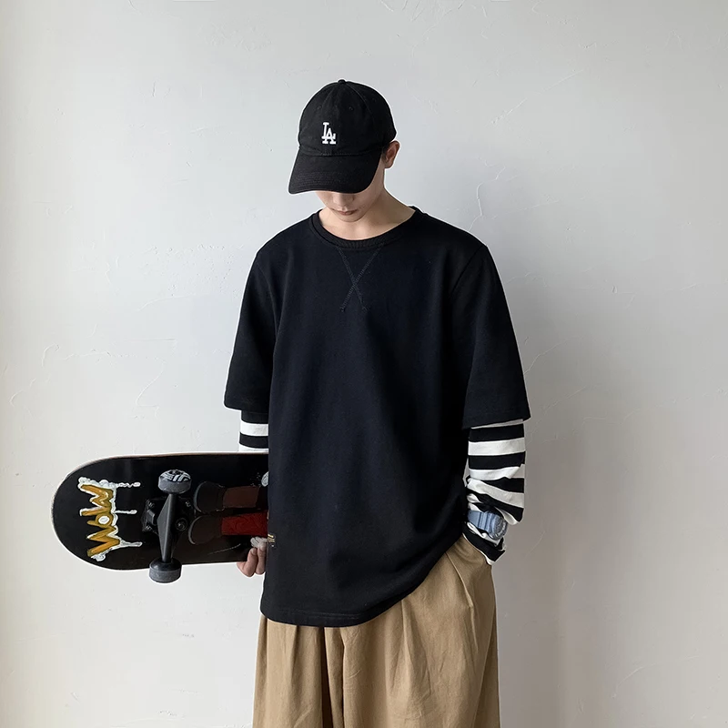 

2019 Men's False Two Piece Hoodies Fashion Trend Pullover Man Coats Tide Brand Stripe 3d Print Cotton Casual Sweatshirts M-2XL