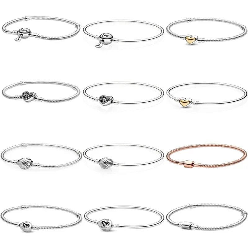 

Authentic 925 Sterling Silver Domed Golden Heart Clasp Snake Chain Bracelet Bangle Fit Women Bead Charm Diy Fashion Jewelry