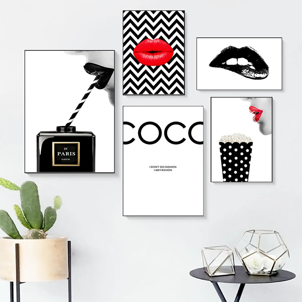 

Vintage Canvas Painting Black Perfume Wall Pictures Living Room Posters and Prints Fashion Art Couture Red lips Home Decoration