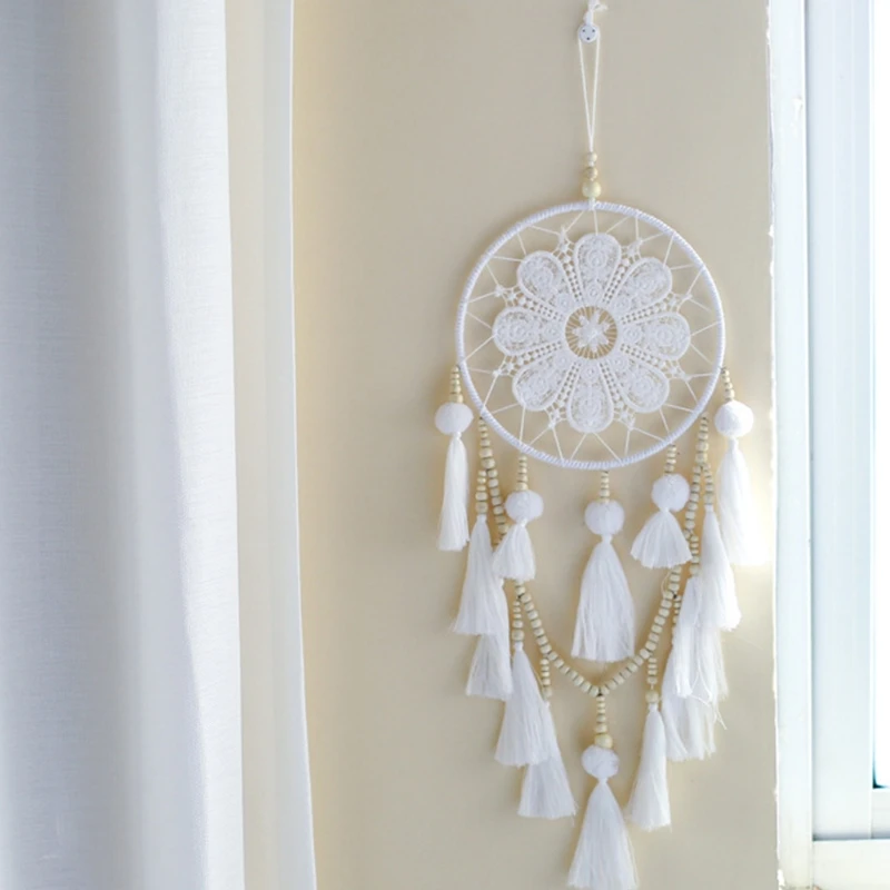 

Boho Macrame Tapestry Wooden Bead Woven Tassel Dream Catcher Farmhouse Decor