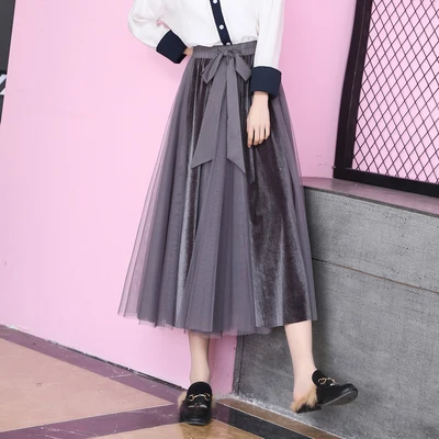 

New Arrival Womens Fashion Solid Color Skirt Summer Mesh Yarn Stitching High-waist A-line Mid-length Skirt