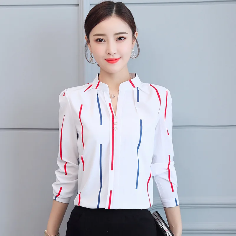 

Korean Women Shirts Woman Chiffon Blouses Tops Women Long Sleeve White Shirt Woman Stripe V Neck Shirts Ladies Blouse Tops XXL