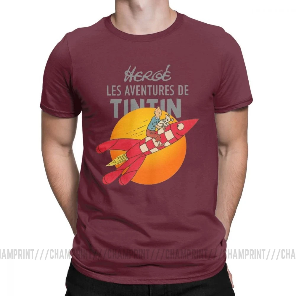 Мужские футболки TINTIN The adventures Of Tintin винтажные хлопковые футболки с коротким рукавом Одежда с вырезом лодочкой топы размера плюс - Цвет: Бургундия