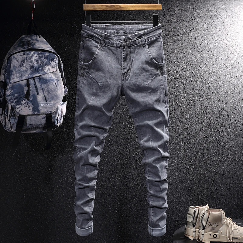 Newly Designer Fashion Men Jeans Retro Gray Elastic Vintage Slim Jeans Men Streetwear Korean Style Casual Denim Pencil Pants