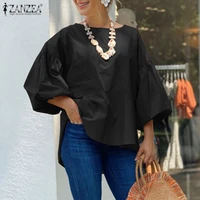 office lady blouse women zanzea 2021 summer puff half sleeve shirts casual ladies solid loose o neck loose tops blusa