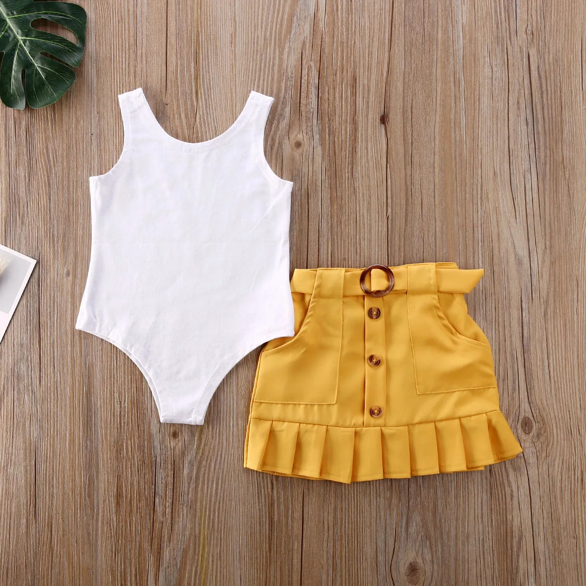 2PCS Toddler Kids Baby Girl Clothes Sets Sleeveless Solid Vest Romper Yellow Pleated Skirt Summer Outfit Set